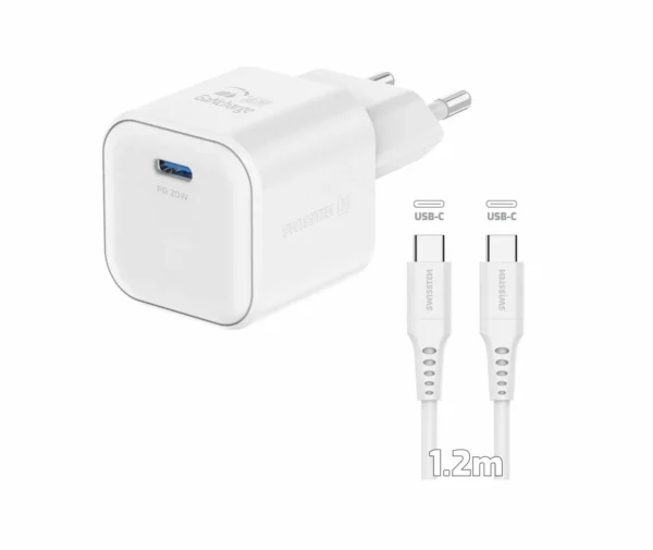 Karikues SWISSTEN, GaN 1x USB-C, 20W PD, me kabllo Type-C/Type-C, I bardhë