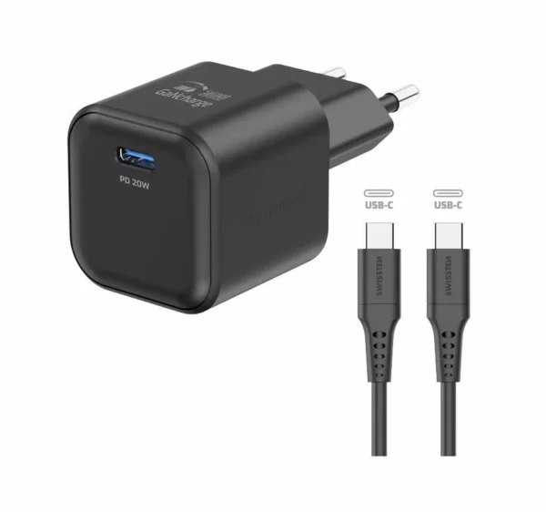 Karikues SWISSTEN, GaN 1x USB-C, 20W PD, me kabllo Type-C/Type-C, I zi