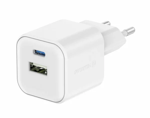 Karikues SWISSTEN 12W 1x USB-C + 1x USB-A, i bardhë