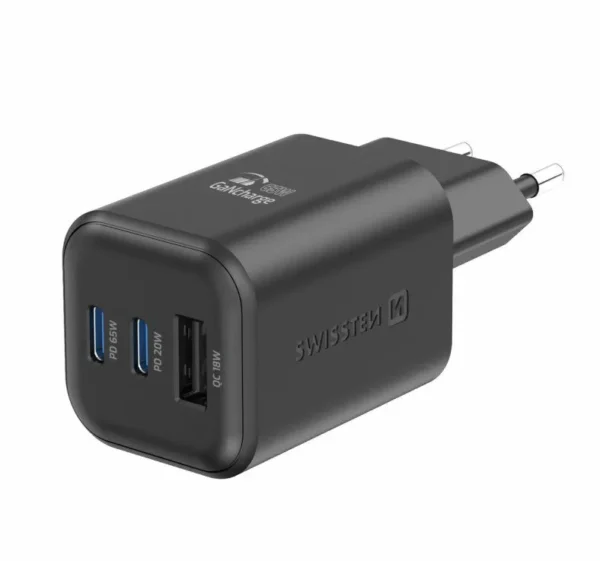 Karikues SWISSTEN, GaN 2x USB-C, 65W PD + 1x USB-A 18W, QC, i zi